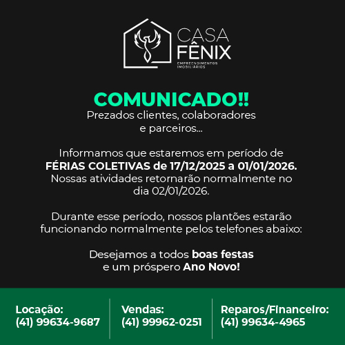 Caros clientes, informamos que estaremos em periodo de férias coletivas de 17/12/2025 à 01/01/2026.
